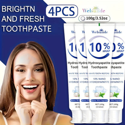Hydroxyapatite Toothpaste 4-Pack – 10% Nano Formula with Baking Soda, Deep Cleaning & Whitening Gel, Mint Fresh Breath, Fluoride-Free Daily Oral Care for Everyone, Home & Travel Sleek Tube Design (400g)