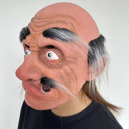 Old Man Grandpa Latex Full Head Mask with Beard – Realistic Smoking Elderly Halloween Costume for Adults Cosplay Theater Pranks Funny Disguise Prop Costume Party