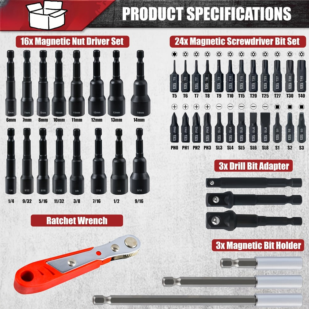 Magnetic Nut Driver Set 47pcs - Magnetic Screwdriver Bits & Socket Set, SAE 1/4"-9/16" & Metric 6-14mm, 1/4" Hex Shank, Strong Magnetism, for Drill & Impact Driver, Home & Professional Use