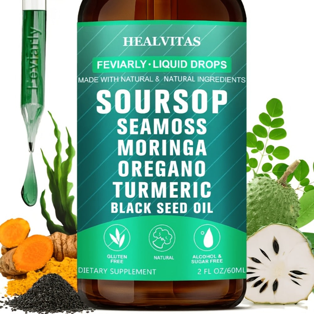 Soursop Bitters Liquid Drops 10-in-1 with Sea Moss Ashwagandha Moringa Turmeric Black Seed Oil — Plant-Based Immune & Energy Herbal Extract | Sugar-Free | 2.03 fl oz