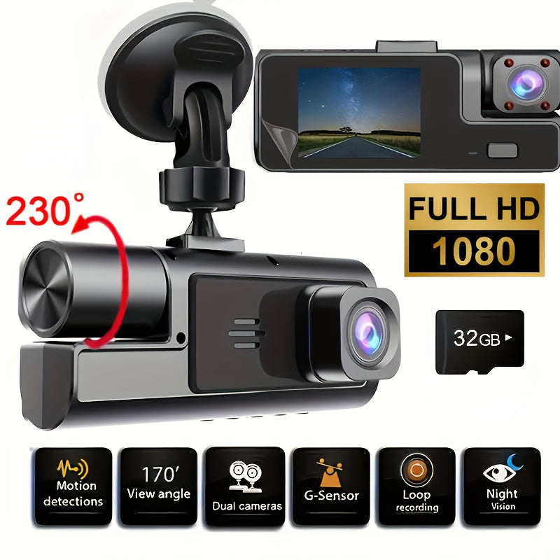 1080P Triple Camera Dash Cam, Dash Camera For Cars, Car Camera With IR Night Vision, 170°Wide Angle Car DVR Camera, 16GB/32GB TF Card Optional, Loop Recording, G-Sensor |2Inch IPS Screen Dual Lens Car Dashboard Video Cam, 24H Park Mode