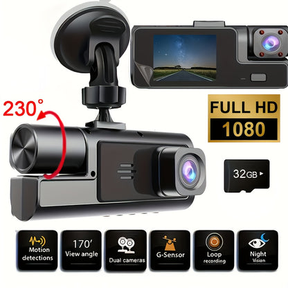 1080P Triple Camera Dash Cam, Dash Camera For Cars, Car Camera With IR Night Vision, 170°Wide Angle Car DVR Camera, 16GB/32GB TF Card Optional, Loop Recording, G-Sensor |2Inch IPS Screen Dual Lens Car Dashboard Video Cam, 24H Park Mode