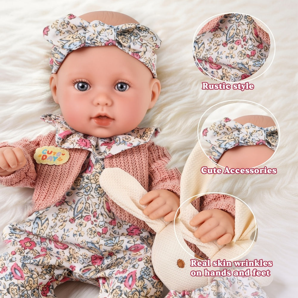 Floral Dress Baby Doll 12 Inch with Rabbit Plush Toy Gift Set – Realistic Vinyl Doll with Floral Outfit, Headscarf, Socks & Bunny Toy, Creative Dress-Up Playset for Girls Ages 3+, Birthday Holiday Gift