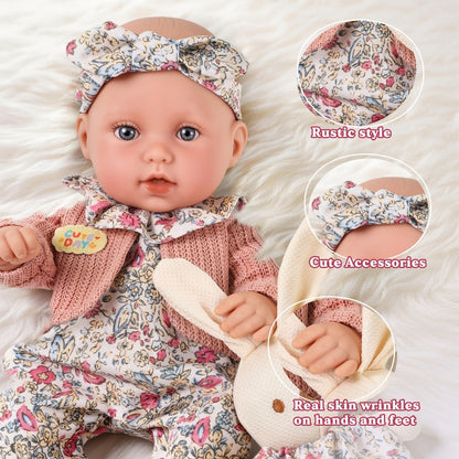 Floral Dress Baby Doll 12 Inch with Rabbit Plush Toy Gift Set – Realistic Vinyl Doll with Floral Outfit, Headscarf, Socks & Bunny Toy, Creative Dress-Up Playset for Girls Ages 3+, Birthday Holiday Gift