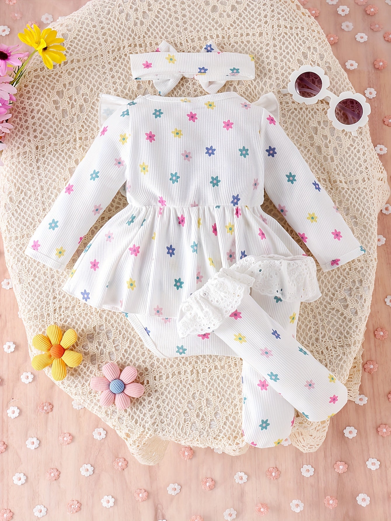 Baby Girls Outfit Set - Floral Lace Trim