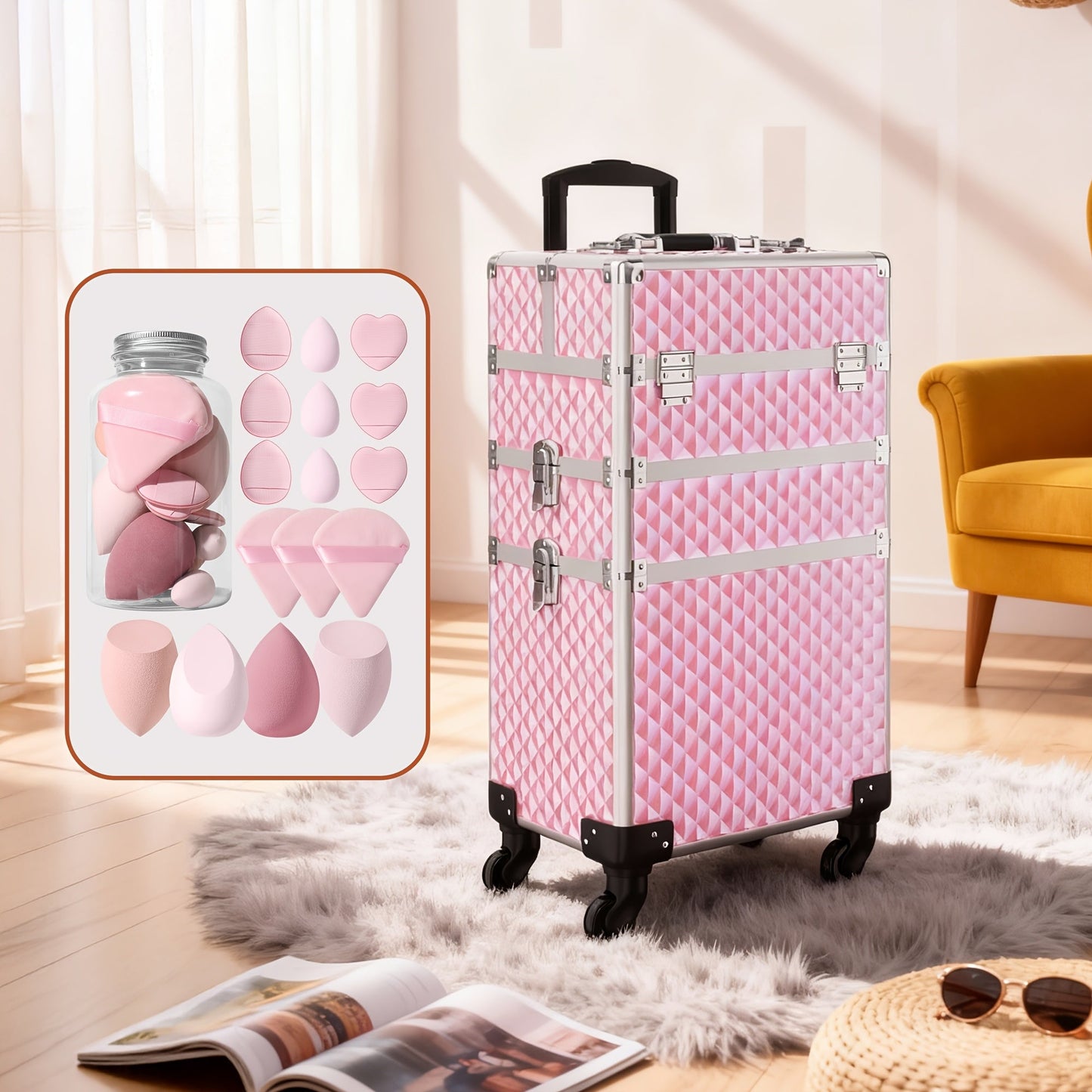 Rolling Makeup Train Case 3-in-1 Large Capacity Professional Cosmetic Trolley Swivel Wheels Lock Key Sponge Set Included Salon Barber Artist Travel Cart Trunk Black Pink