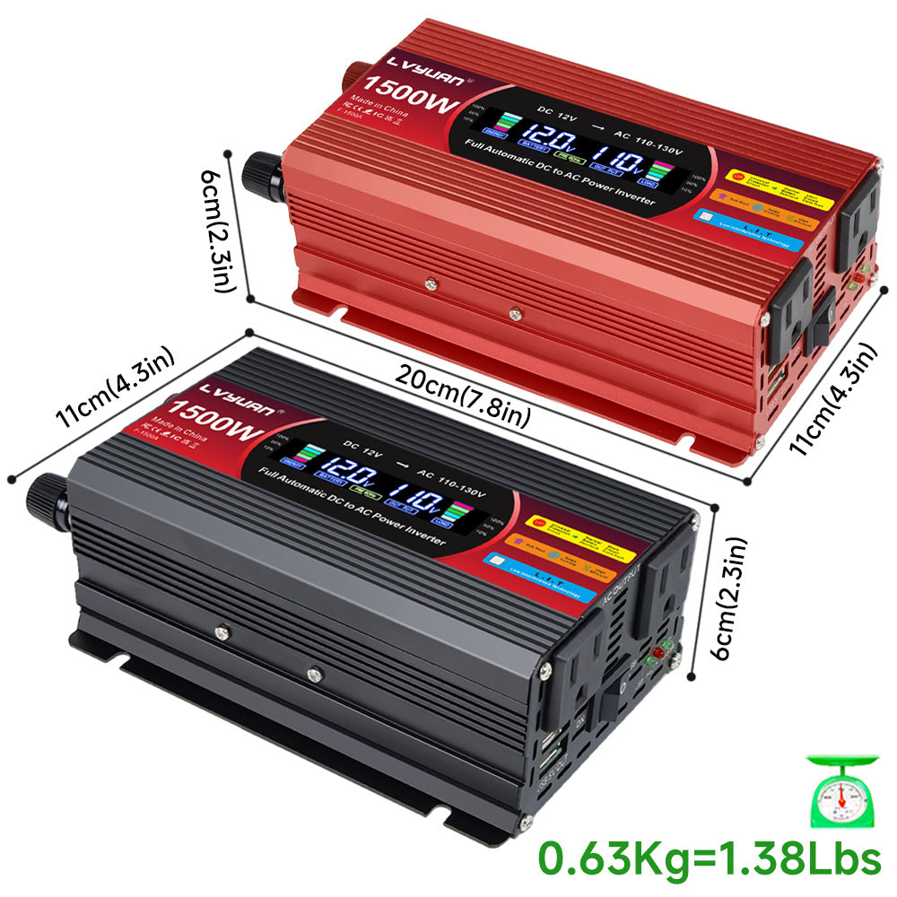 1500W (Peak) Car Power Inverter DC 12V to 110V/120V AC Converter with LCD Display Dual AC Outlets and Dual USB Car Charger for Car Home Laptop Truck Red.