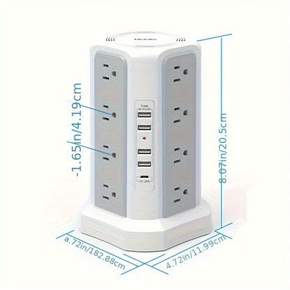 Power Strip Tower Surge Protector 16 AC Outlets 5 USB Ports PD20W USB-C Fast Charging Flat Plug Extension Cord 1500J Overload Protection Desktop Charging Station for Home Office Dorm