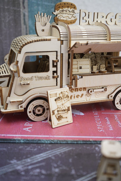 Basswood Food Truck 3D Puzzle Model Kit – DIY Building Toy for Kids & Adults, Yellow Miniature Snap-Fit Craft, Creative Birthday Halloween Christmas Gift for Boys Girls
