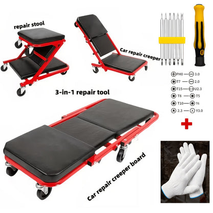Mechanic Creeper 36-Inch Z-Crawl Folding – Adjustable Load Board, 6-Wheel 2.5" Rolling Garage Repair Seat, Universal Fit with Optional Tool Kit Bundles
