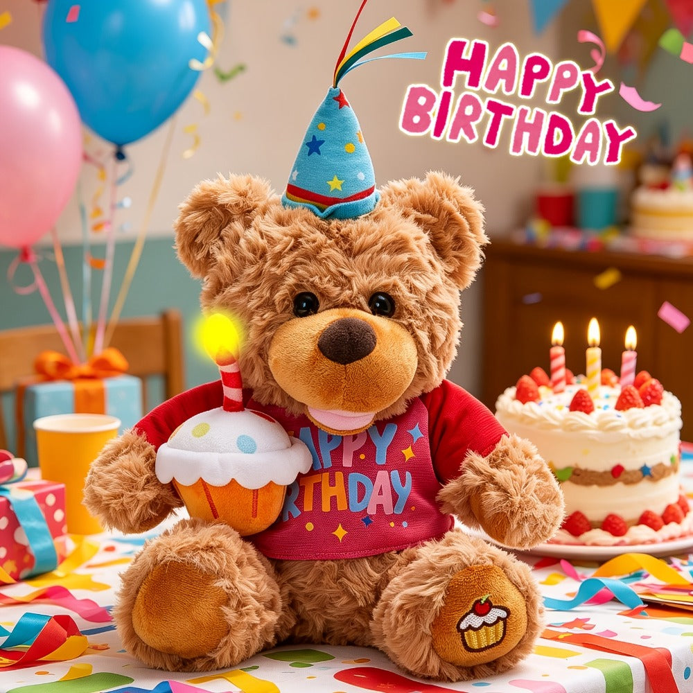 Singing Birthday Teddy Bear Plush Toy 13.5 Inch Interactive Stuffed Animal with Glowing Cupcake Candle Electric Music Bear Gift for Kids Girls Boys Baby Shower Christmas Holiday