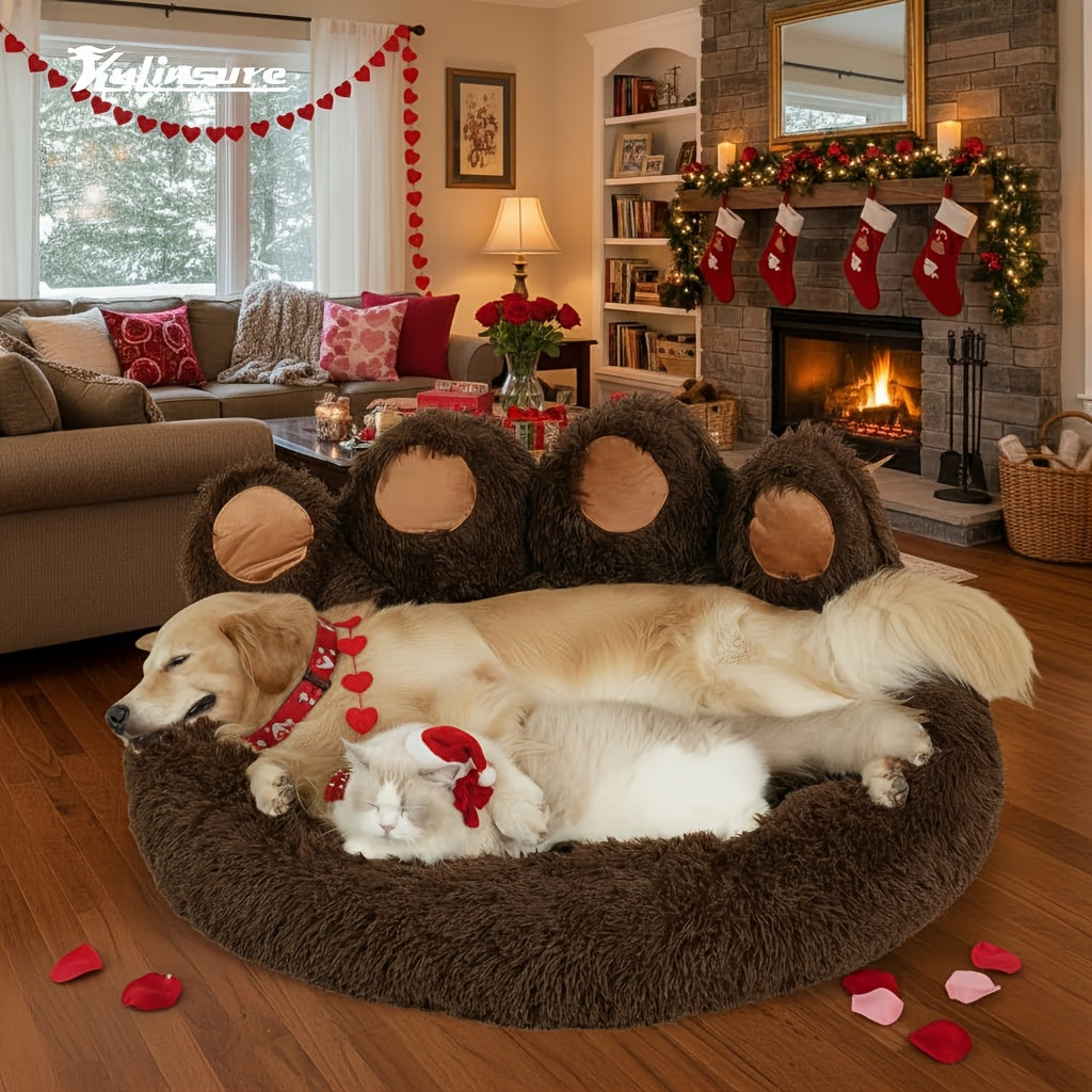 Dog Bed Cat Bed Bear Paw Shaped Donut – Calming Round Plush Pet Mattress, Warm & Soft Cuddler Bed for Dogs and Cats, Includes Pet Scarf, Sizes S to 2XL, Colors: Coffee, Pink, Grey, Brown