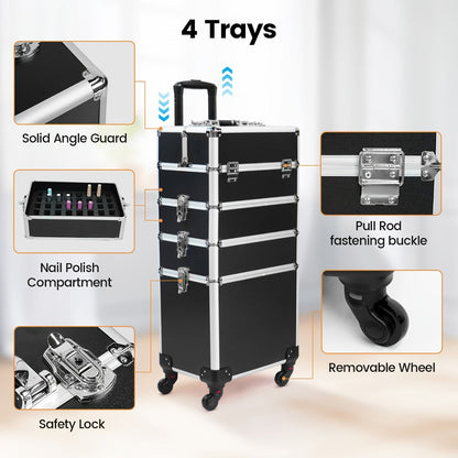 Rolling Makeup Train Case 4-in-1 Black Cosmetic Trolley with 360° Swivel Wheels & Makeup Sponges Set — Large Professional Salon Travel Beauty Organizer