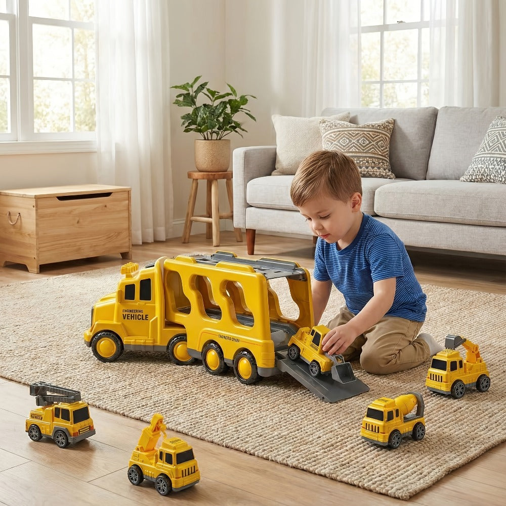 7-in-1 Kids Car Toy Set 7pcs with Playmat – Large Vehicle + 6 Mini Cars Ambulance Police Fire Truck Engineering – Birthday Halloween Christmas Gift for Boys Girls