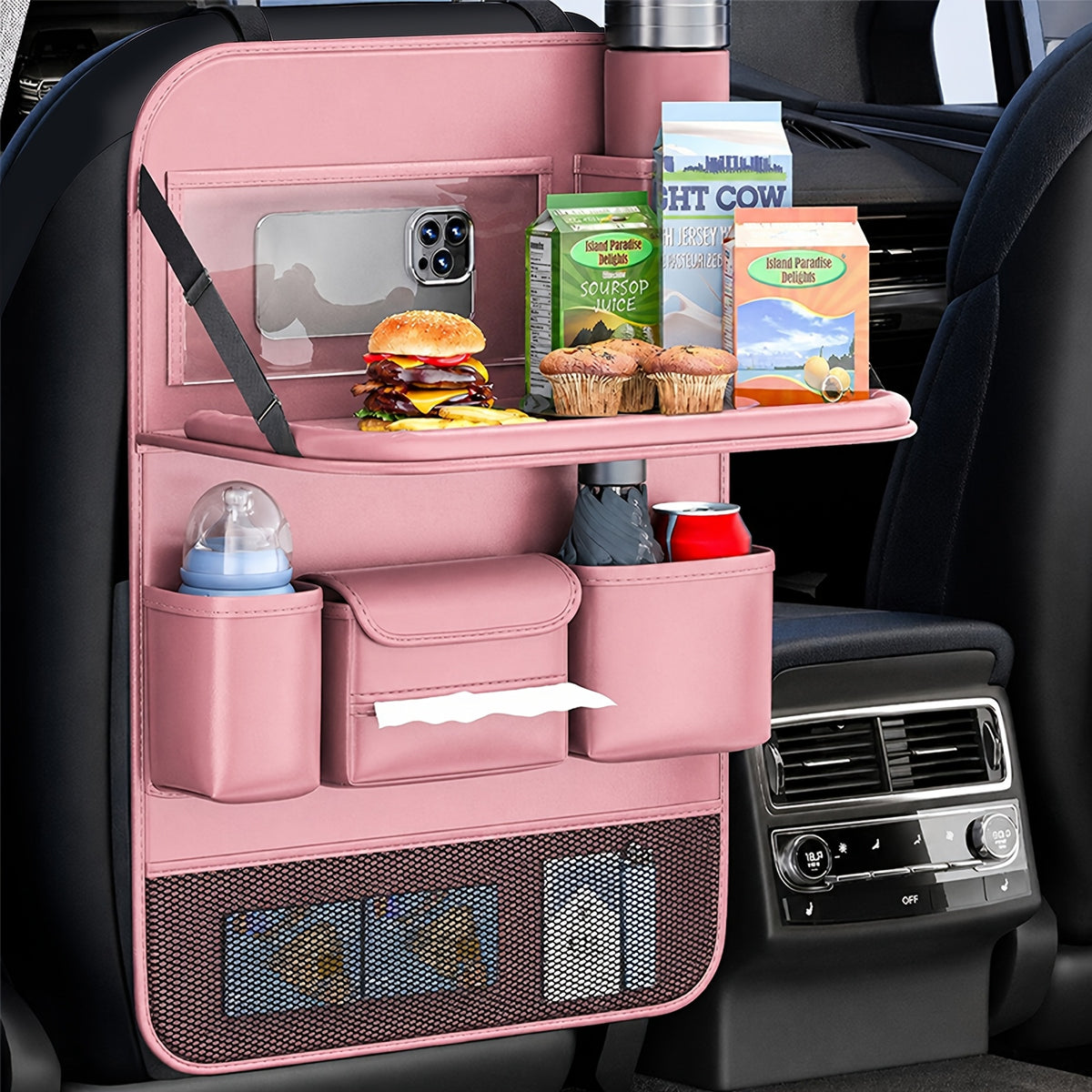 Universal Premium PU Leather Car Seat Back Organizer - Spacious Storage Bag with Back Seat Dining Table, Cup Holder, And Travel Accessories for A Comfortable Ride