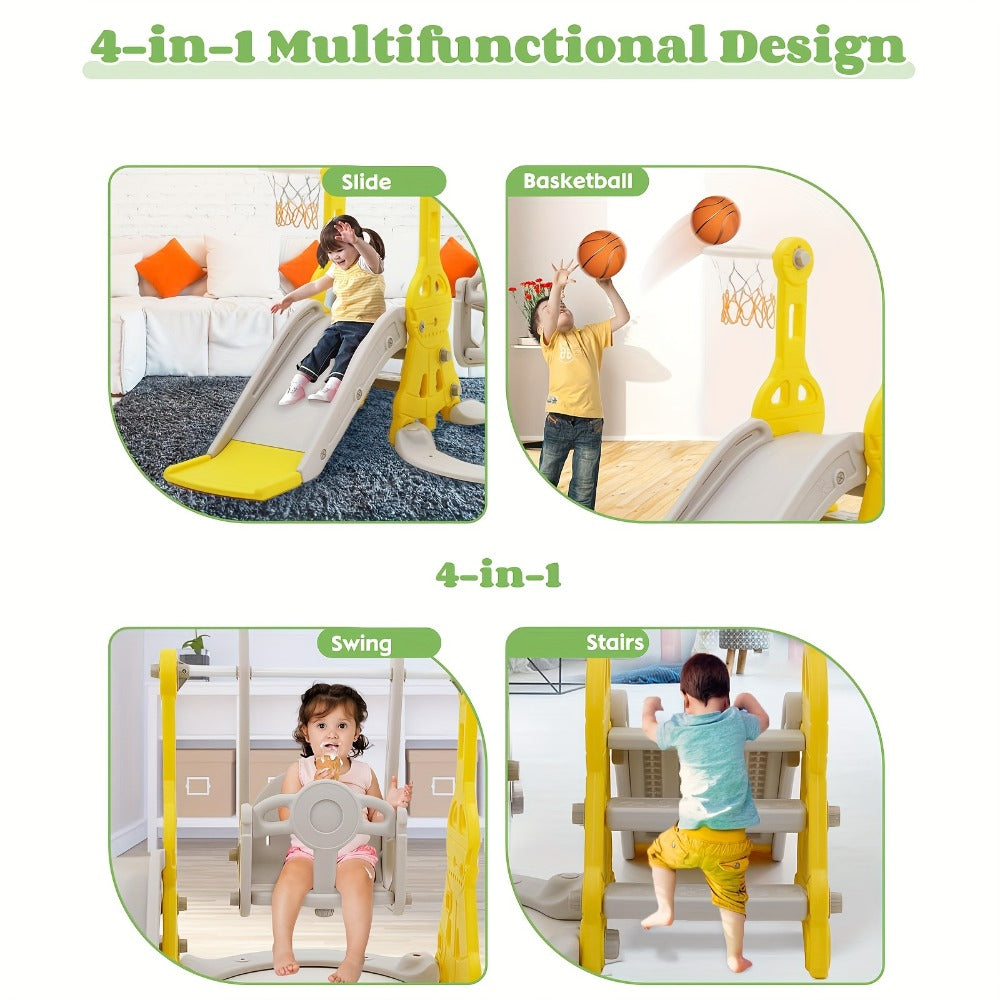 4-in-1 Toddler Slide and Swing Set with Climber Basketball Hoop Outdoor Indoor Backyard Playground Playset for Kids Ages 1-6 Yellow