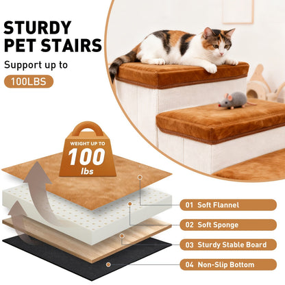 Dog Stairs for High Beds 3-Tier Foldable Pet Steps with Non-Slip Surface & Plush Chicken Leg Toy | Nylon Dog Ramp for Small & Extra Small Breeds | Fits Sofas Couches Beds | Coffee & Gray
