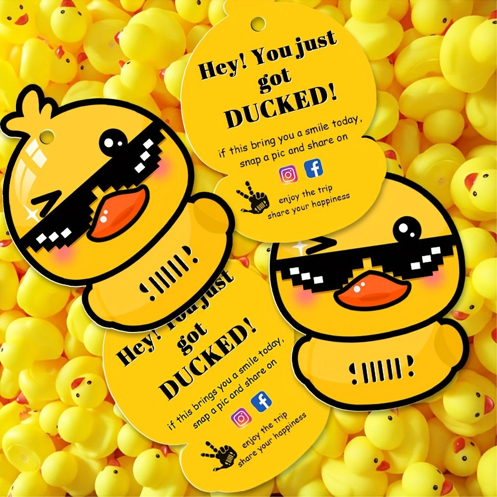 Duck Duck Ducked Party Game Cards 50 Pack – Printed Yellow Duck Tags with Round Hole & Rubber Bands, Viral Outdoor Group Activity for Kids, Teens & Adults, Fun Icebreaker for Birthday Parties, School Events & Team Building
