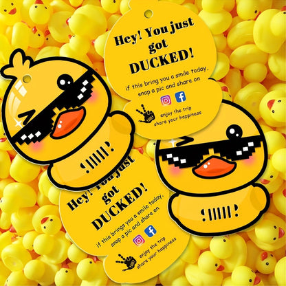 Duck Duck Ducked Party Game Cards 50 Pack – Printed Yellow Duck Tags with Round Hole & Rubber Bands, Viral Outdoor Group Activity for Kids, Teens & Adults, Fun Icebreaker for Birthday Parties, School Events & Team Building