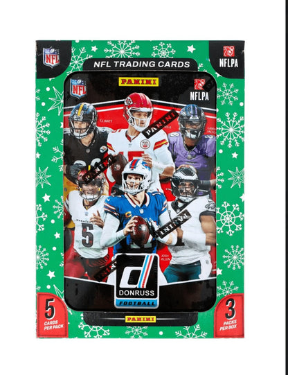 2025 Panini Donruss Football Holiday Tin + Jumbo Value Pack Bundle – 3 Exclusive Press Proof Purple Cards, 400-Card Base Set, Gridiron Kings & Rookie Hits for NFL Collectors