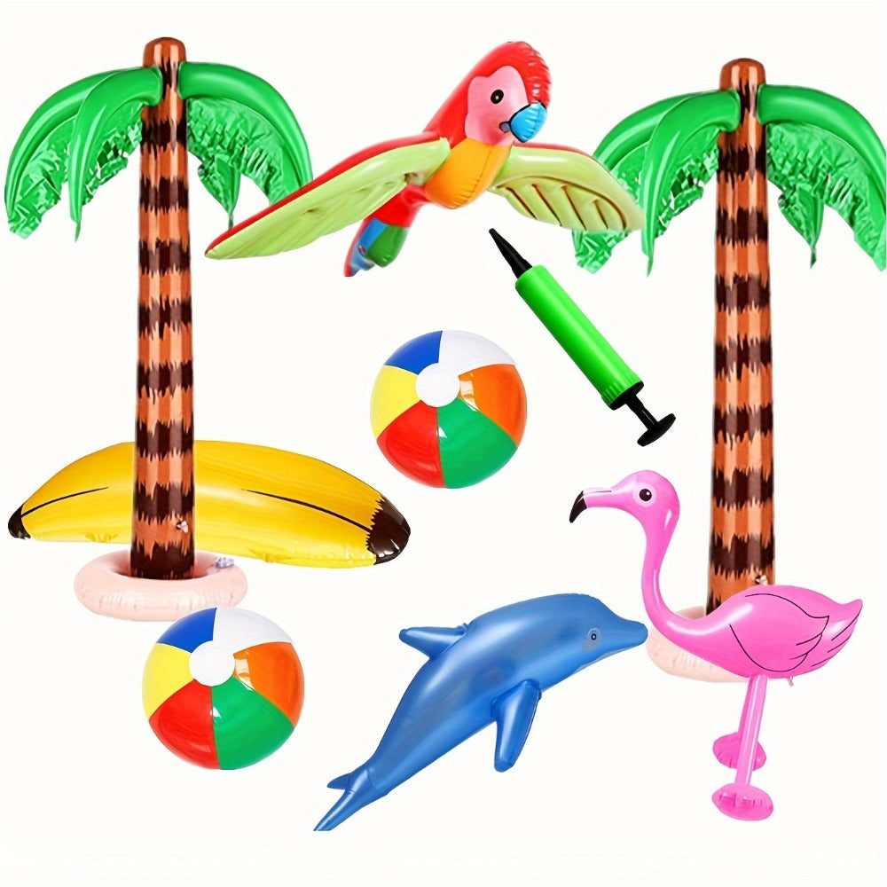 Hawaiian Party Decorations Inflatable Set 9 Pieces - Coconut Trees Beach Balls Flamingo Parrot Dolphin Banana with Pump, Luau Pool Party Supplies for Kids Adults Summer Birthday