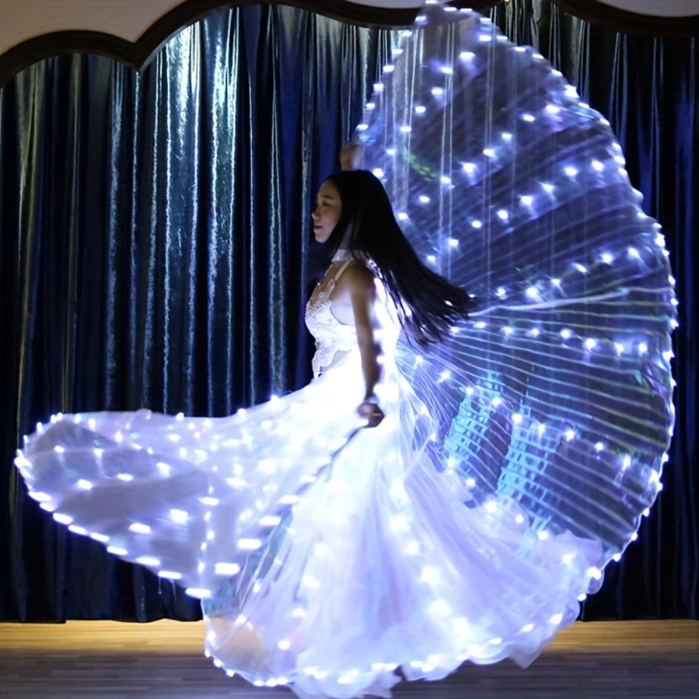 LED Feather Dance Costume Glowing Luminous – Light Up Belly Dance Performance Dress for Women Halloween Christmas Mardi Gras Rave Stage Show White Purple Warm White