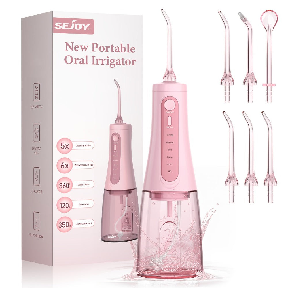 Cordless Water Flosser Oral Irrigator 5 Modes — 6 Interchangeable Tips, IPX7 Waterproof, 350ml Tank, Rechargeable, Ideal for Braces, Bridges & Implants, Home & Travel Teeth Cleaning