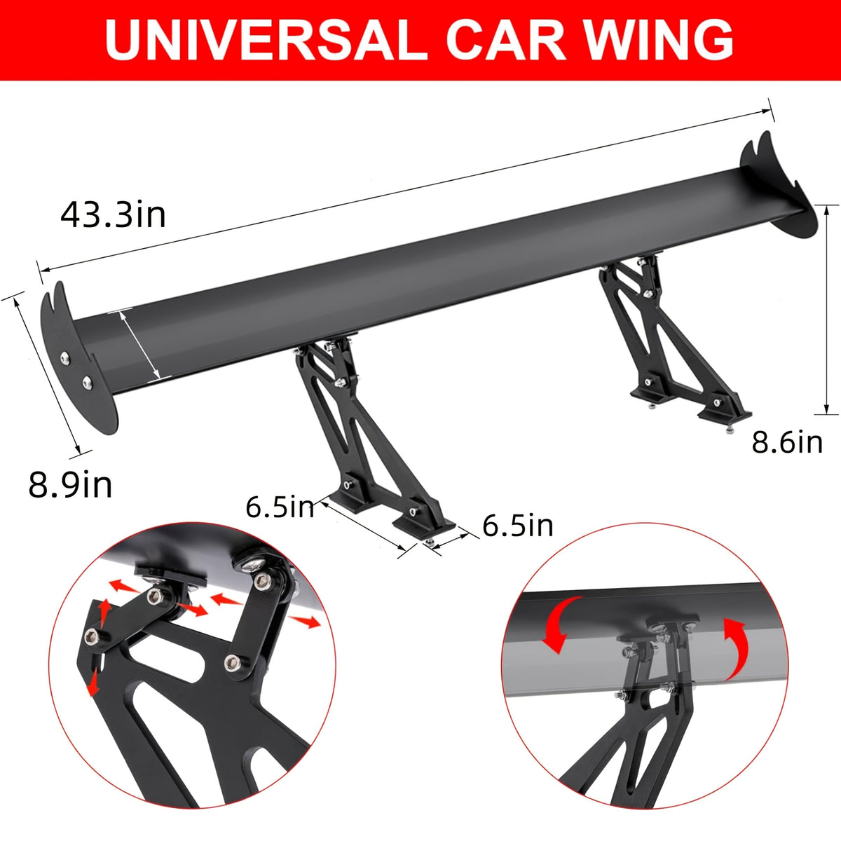 43.3-Inch Enhanced Wing Spoiler Universal Adjustable GT GTR Style Rear Sport Spoiler for 99% of Sedan Vehicles, Tuning Additions Trim Tail Air Deflector Dam Trunk Lip in Glossy Black Or Carbon Style Decoration