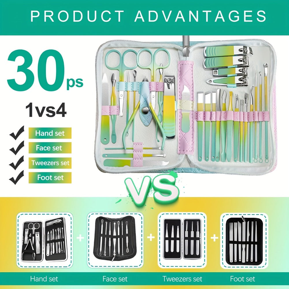 Nail Care Kit 30 Piece with Gradient Travel Box — Complete Manicure & Pedicure Set, Fingernail & Toenail Clippers for Women Men Family, Personal Care Beauty Grooming Gift