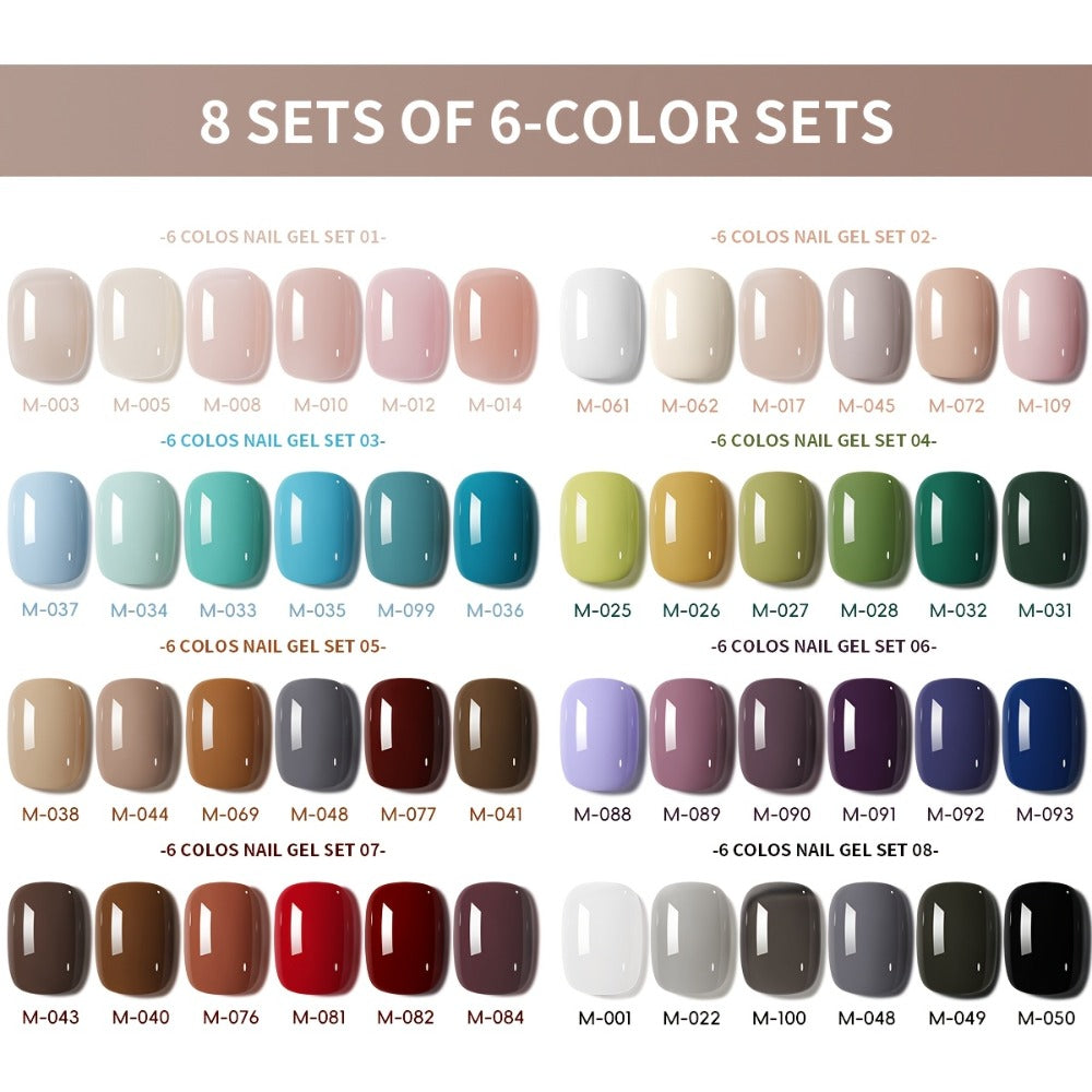 Solid Color Gel Nail Polish Set 6pcs Self-Leveling Soak-Off UV LED High Gloss Chip-Resistant – Popular Salon Shades for Daily Manicure, 8 Color Palettes Available, Nail Art Gift for Women