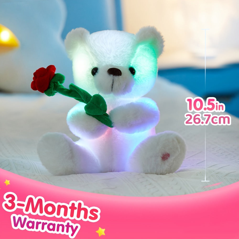 Rose Bear Plush with LED Light Glowing White Bear with Flowers Romantic Stuffed Animal Gift for Her Women Girls Girlfriend Mom Valentine's Day Mother's Day Birthday Anniversary