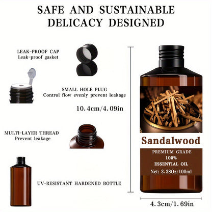 Sandalwood Essential Oil 100ml 3.38oz – 100% Pure Natural Therapeutic Grade Aromatherapy Oil for Skin Care, Hair Growth, Nail & Cuticle, Body Massage, Diffuser & Meditation, Wellness Gift for Women Men