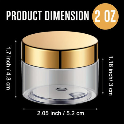 Wide Mouth Plastic Jars with Lids 2oz 100 Pack Clear Cosmetic Containers with Golden Flip Top Lid for Lotion Cream Body Butter Lip Balm Rhinestones Glitter Beads Travel Sample Storage