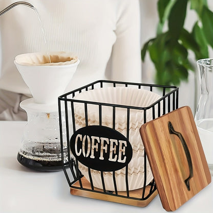 K-Cup Coffee Pod Holder Rack with Lid – Large Capacity Black Metal Square Coffee Capsule Storage Organizer with Wooden Base, Modern Coffee Bar Countertop Decoration for Coffee Beans & Capsules – Black