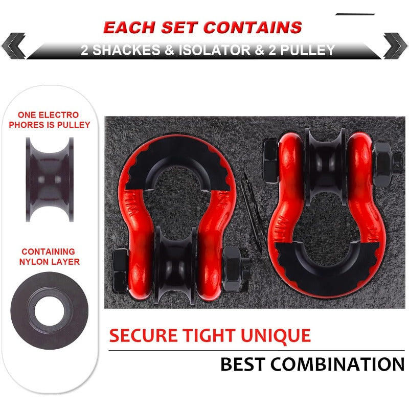 Upgraded Snatch Block, 3/ 4" D Ring Shackle (2 Pack) 32, 000lb Break Strength with Towing Pulley, Heavy Duty Offroad Recovery Accessory for Truck, Tractor, ATV & UTV Carbon Steel And Alloy Steel Materials