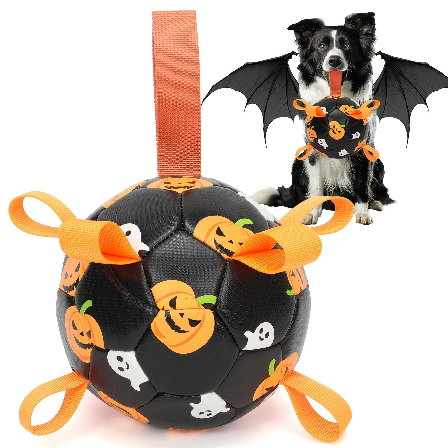 Halloween Dog Ball Toy with Pump - Football Shaped Chew Ball for Dogs, Pumpkin Ghost Design, Durable Rubber Fetch Toy for Small Medium Large Dogs, Festive Pet Gift with Strap, No Battery Required