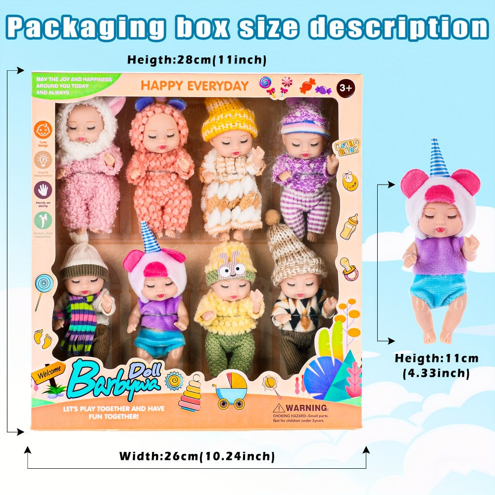 Mini Baby Dolls 8 Pack 4 Inch Animal Theme Outfits BPA-Free Non-Toxic ASTM Certified Miniature Doll Set Party Favor Stocking Stuffer Gift for Girls Ages 3-12 Birthday Christmas