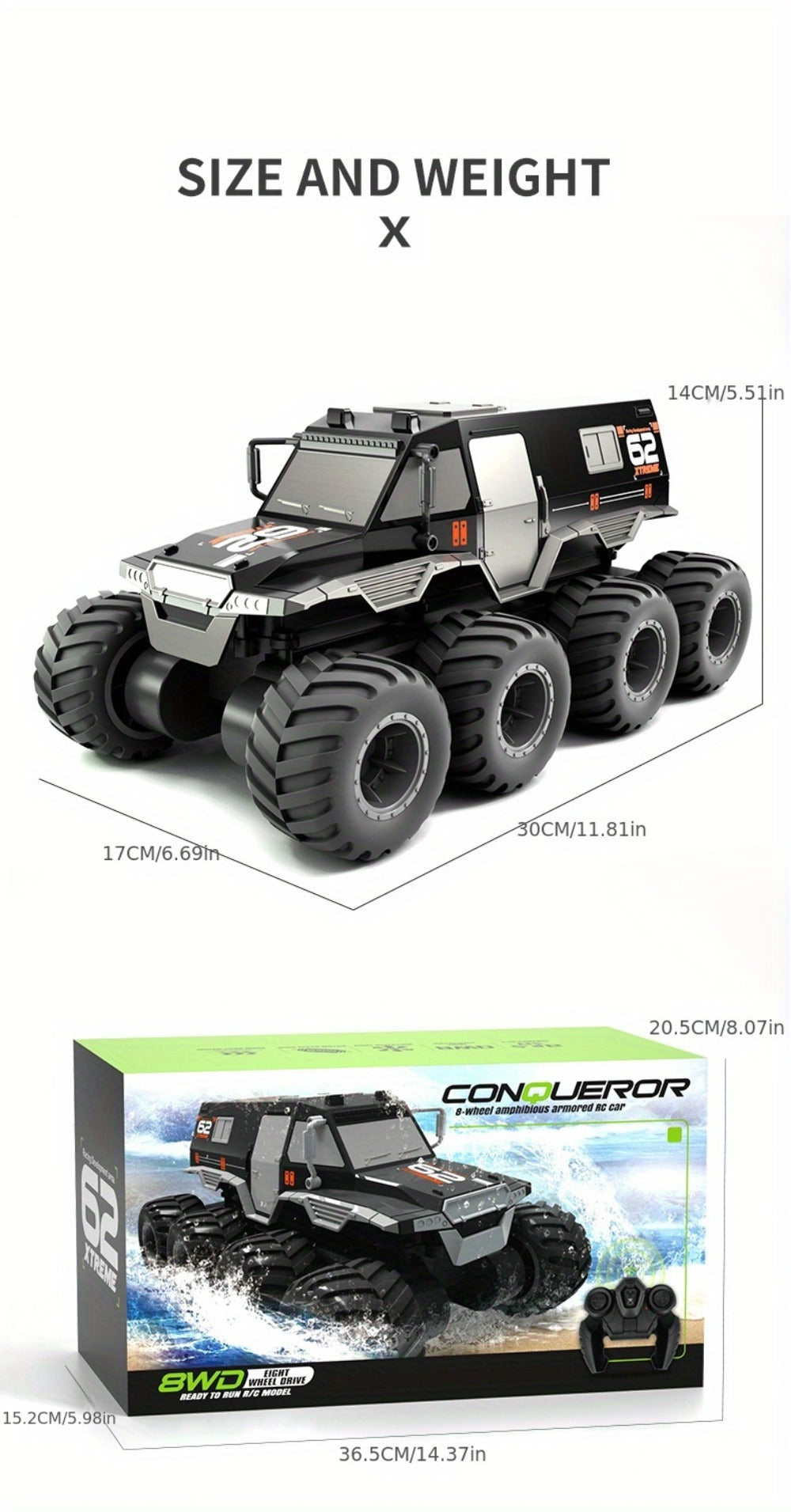 Amphibious RC Truck 8-Wheel Drive 4-Motor Off-Road Climbing Remote Control Armored Vehicle, Oversized All-Terrain Land & Water Military Truck Toy – Epic Gift for Kids & Adults Boys Girls