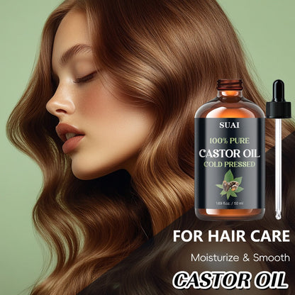 Castor Oil 100% Pure Cold Pressed 1.69oz — Hypoallergenic Multi-Use Oil for Hair Growth Eyebrow Eyelash Thickening Skin Moisturizing Nail Cuticle Care Plant Extract Women Men All Skin Types