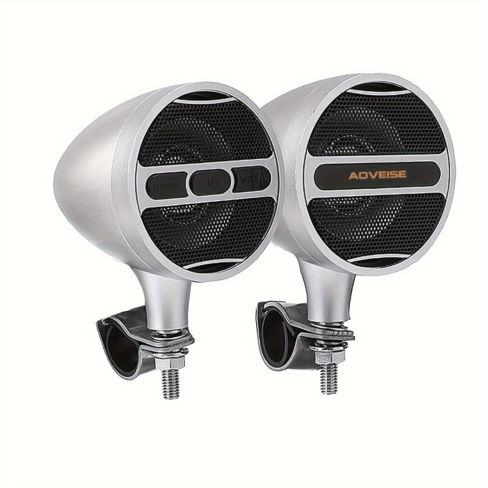 Motorcycle Bluetooth Stereo Speaker System with Built-In Amplifier – 3" Handlebar Mount Speakers, MP3 & USB, 12V, 20W×2 for ATV, Dirt Bike & Cruiser, Waterproof Radio Antenna, Black / Silver