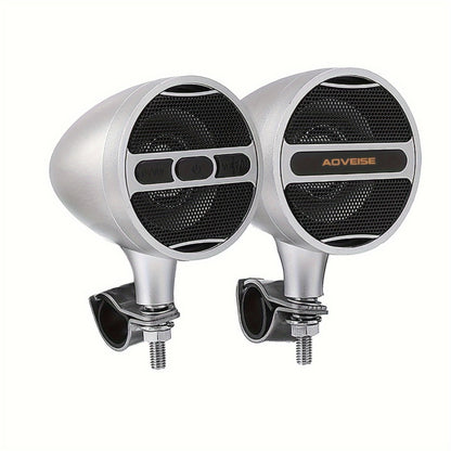 Motorcycle Bluetooth Stereo Speaker System with Built-In Amplifier – 3" Handlebar Mount Speakers, MP3 & USB, 12V, 20W×2 for ATV, Dirt Bike & Cruiser, Waterproof Radio Antenna, Black / Silver