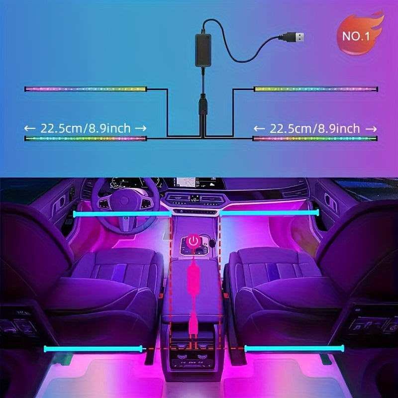 RGB Car Interior Bluetooth USB Light Strip with Wireless Remote And APP Control, 4pcs Dashboard Foot Mood Light Kit, Music Mode, Suitable for Vehicle Interior, SUV, Truck