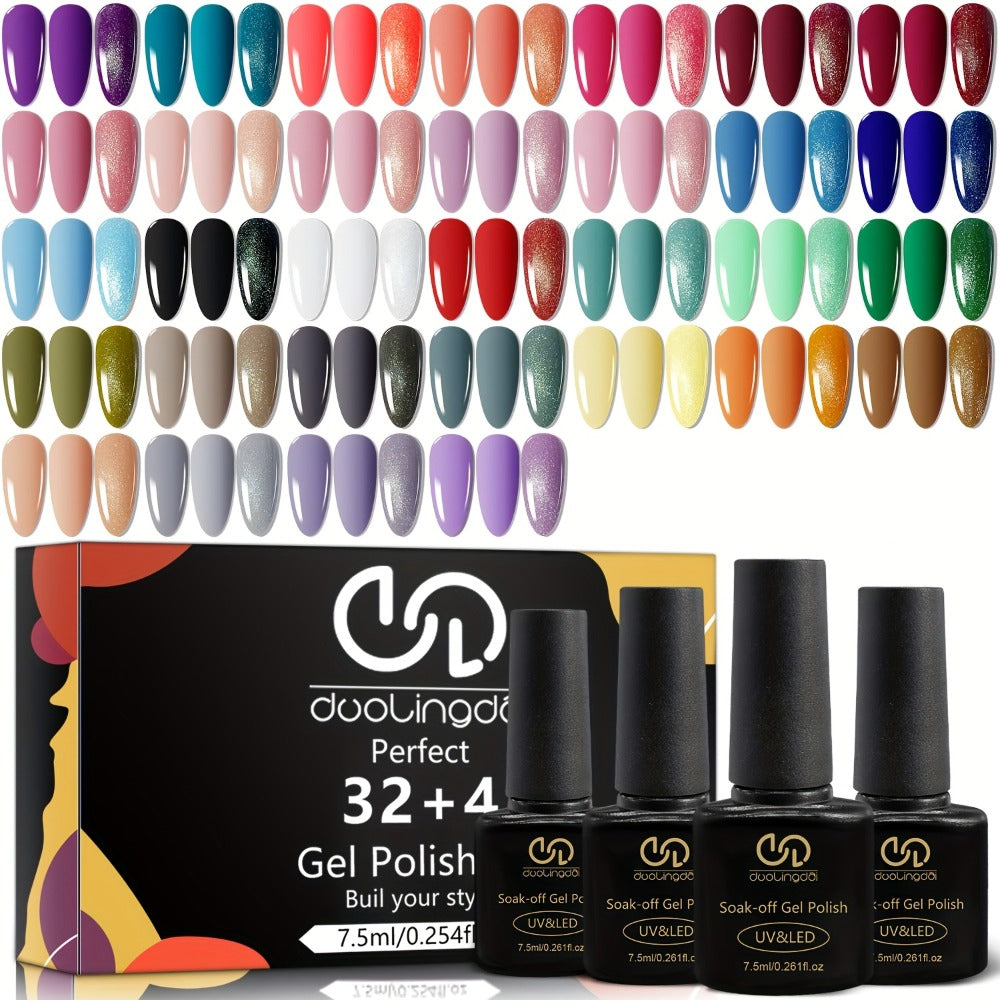 Gel Nail Polish Set 36Pcs – 32 Colors Kit with Base Coat Glossy Matte & Glitter Top Coat, Green Blue Red Pink Collection, UV LED Soak-Off Gel Polish Gift Set for Women