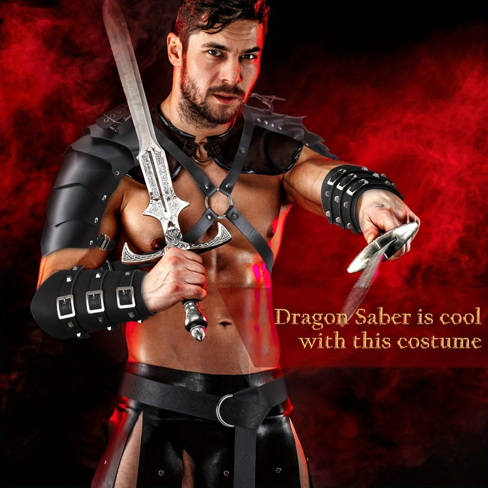 Medieval Knight Costume Set 4pcs PU Leather Shoulder Armor Cape Arm Guards & Belt for Men – Viking Warrior LARP Cosplay Halloween Renaissance Faire Prop, Black