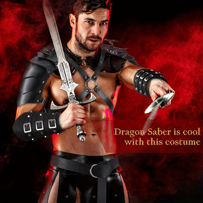 Medieval Knight Costume Set 4pcs PU Leather Shoulder Armor Cape Arm Guards & Belt for Men – Viking Warrior LARP Cosplay Halloween Renaissance Faire Prop, Black