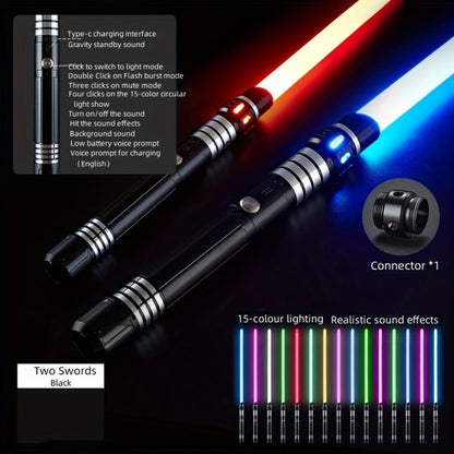 Light Up Saber 15 Colors 2-in-1 Metal Gravity Sensing – Rechargeable Glow Sword with Upgraded LED | Party Glow Sword for Halloween Costume, Christmas Gift for Kids & Adults | Black & Gold