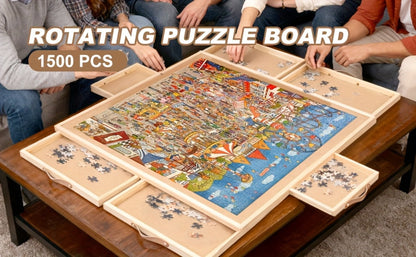 Wooden Jigsaw Puzzle Board for 1500 Pieces – Rotating Turntable Table with Sorting Drawers & Dust Cover | Premium Puzzle Organizer for Adults, Seniors & Families | Large Work Surface, Game Room Gift