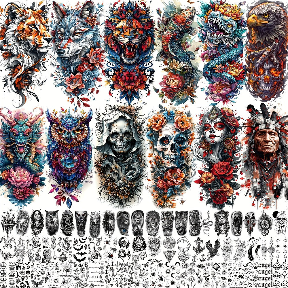 Temporary Tattoos for Adults 71 Sheets Waterproof Long Lasting Old School Gothic Punk Chicano Tiger Wolf Lion Dragon Skull Floral Body Art for Halloween Parties Festivals Costumes