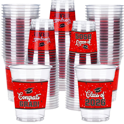 Graduation Plastic Mugs 100 Pack 14oz – 2026 Graduation Party Cups in Black Red Blue Green Purple Maroon for Graduation Ceremony, Reception, Celebration & School Color Party Drinkware Bulk