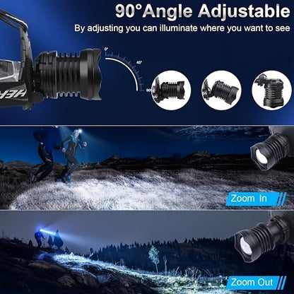 LED Headlamp 1700LM XHP-70 Aluminum Alloy with 6000mAh Rechargeable Battery – 3 Modes Adjustable Spotlight Floodlight Head Lamp for Camping Hiking Hunting Fishing Outdoor Adventure